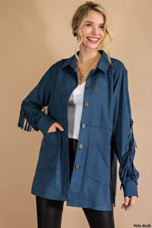 Dark Teal Button Front Fringe Suede Jacket