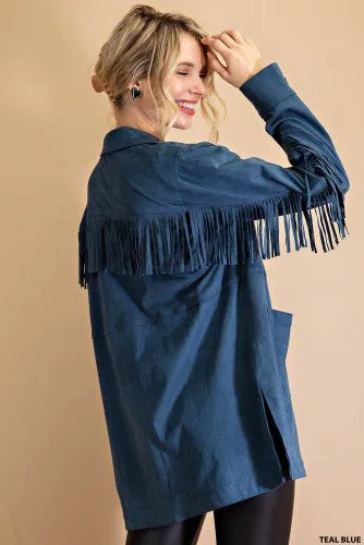Dark Teal Button Front Fringe Suede Jacket