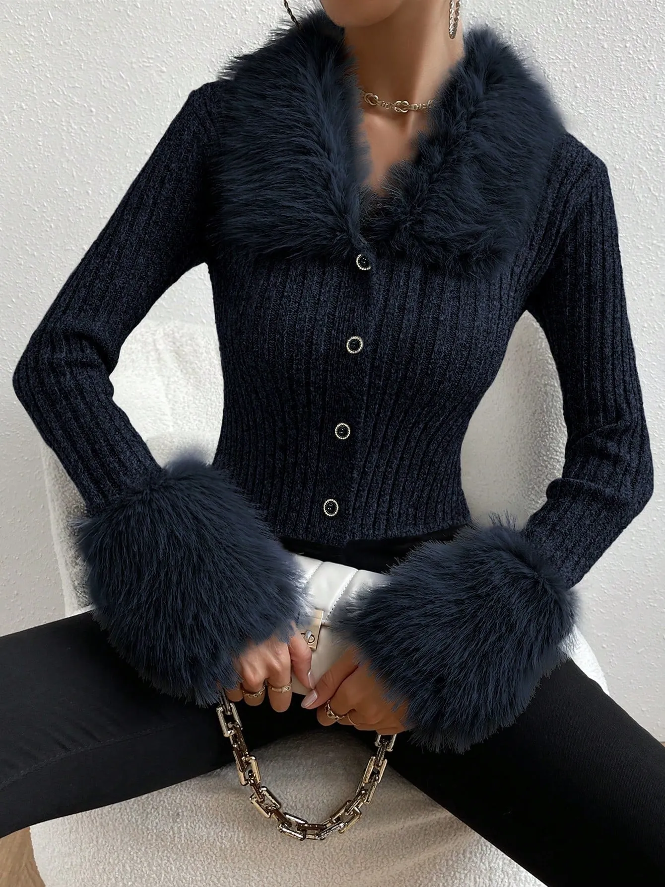 DEMZY Fuzzy Trim Front Button Cardigan