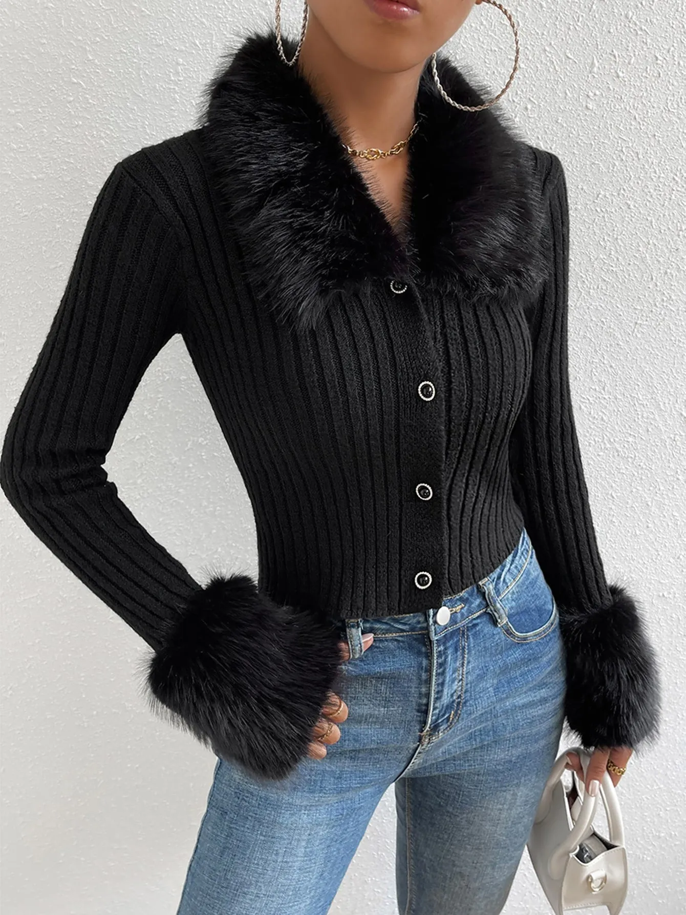DEMZY Fuzzy Trim Front Button Cardigan