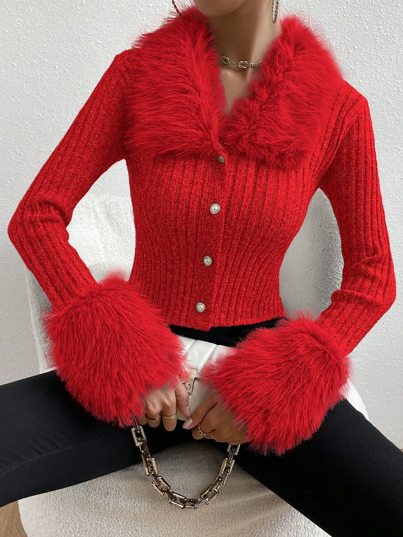 DEMZY Fuzzy Trim Front Button Cardigan