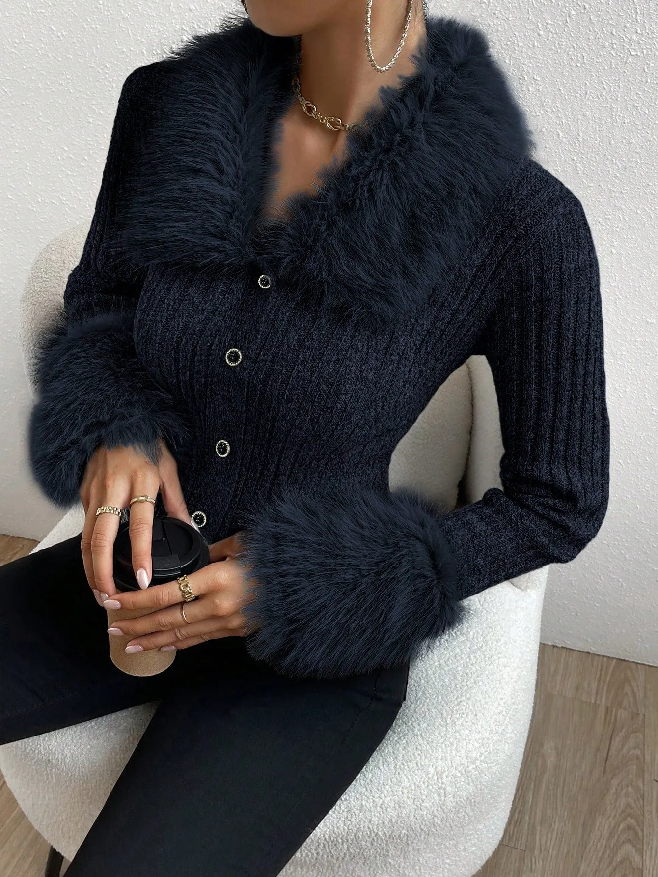 DEMZY Fuzzy Trim Front Button Cardigan