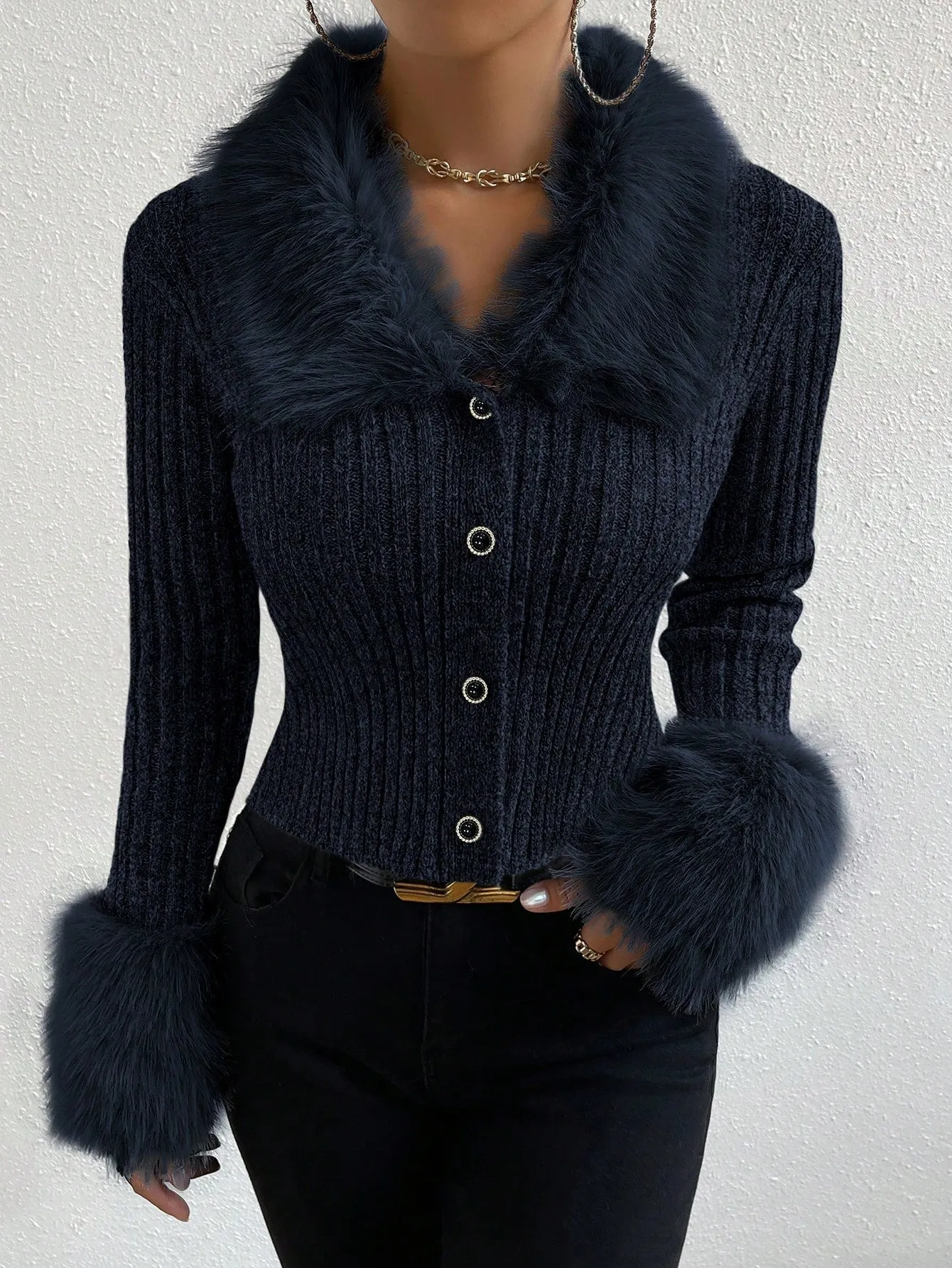 DEMZY Fuzzy Trim Front Button Cardigan