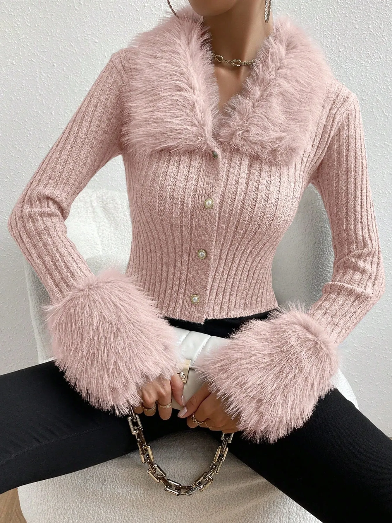 DEMZY Fuzzy Trim Front Button Cardigan