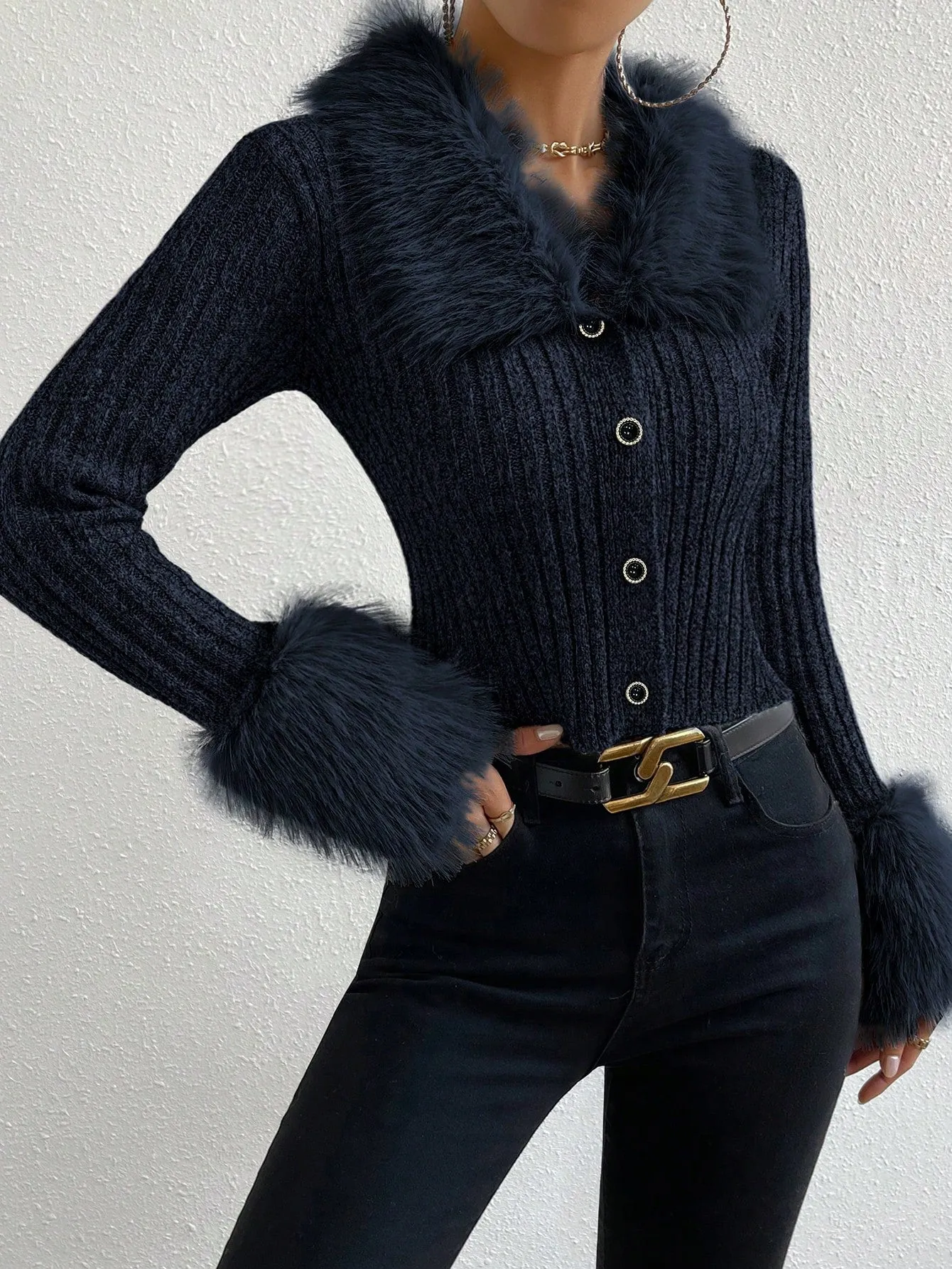 DEMZY Fuzzy Trim Front Button Cardigan