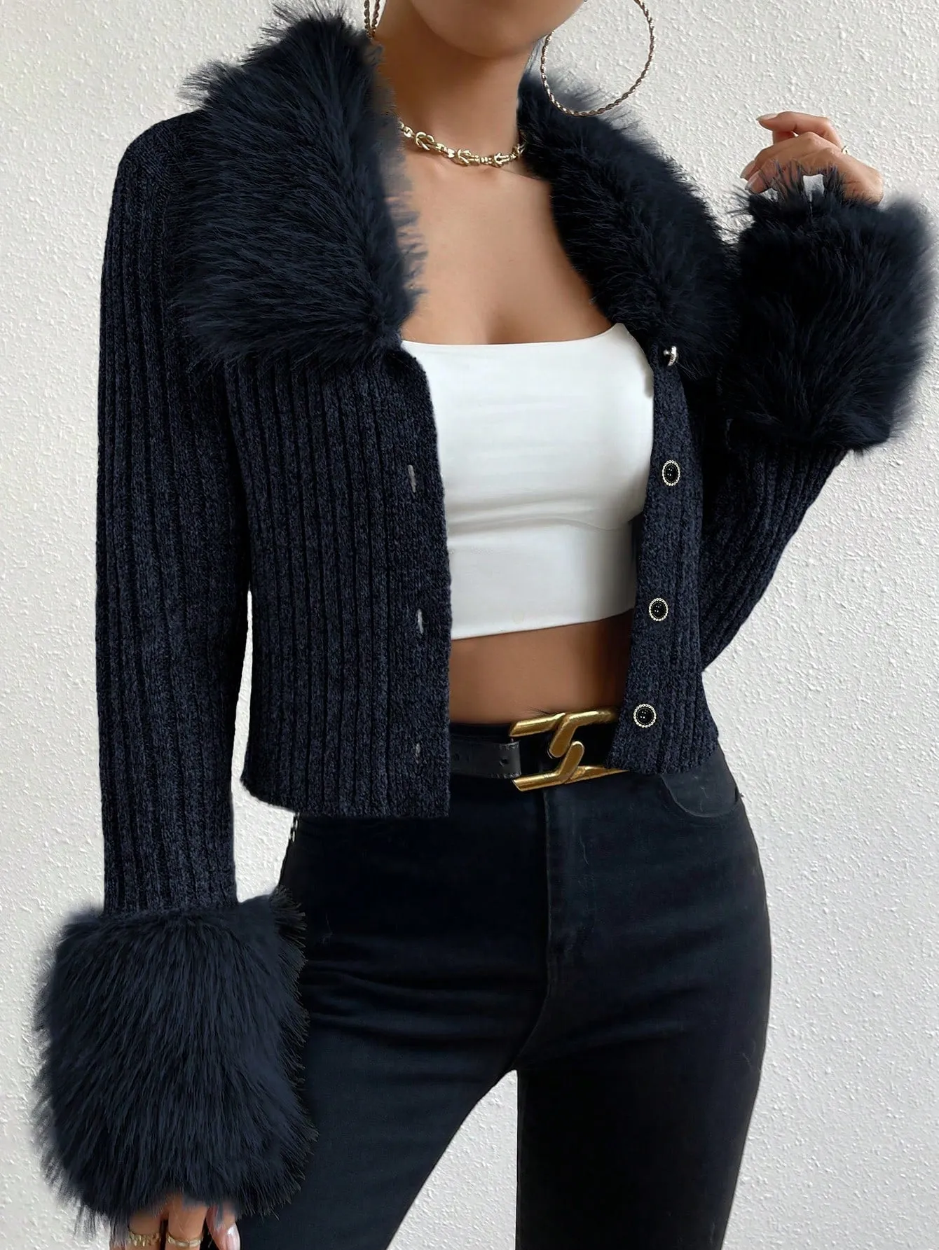 DEMZY Fuzzy Trim Front Button Cardigan