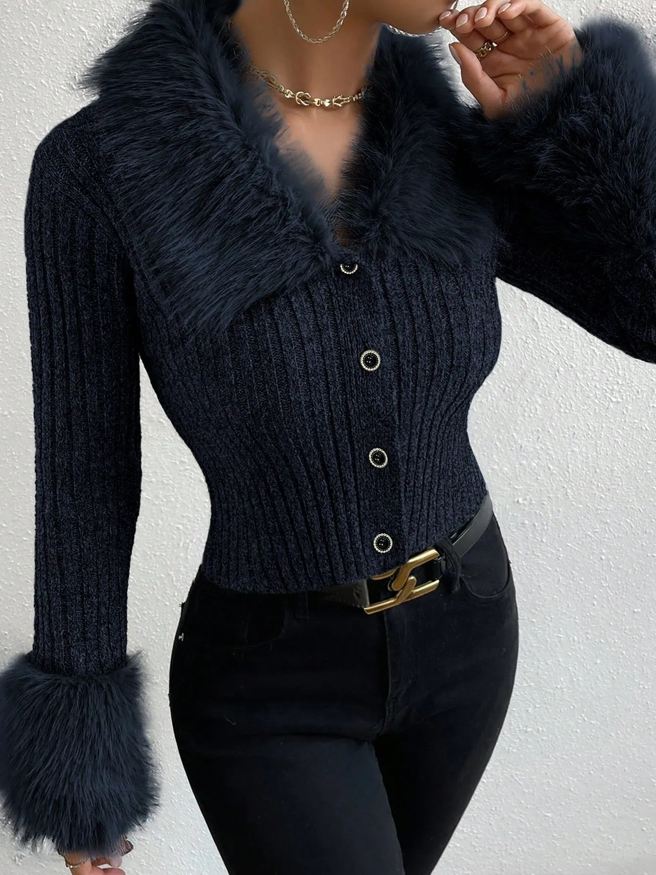 DEMZY Fuzzy Trim Front Button Cardigan