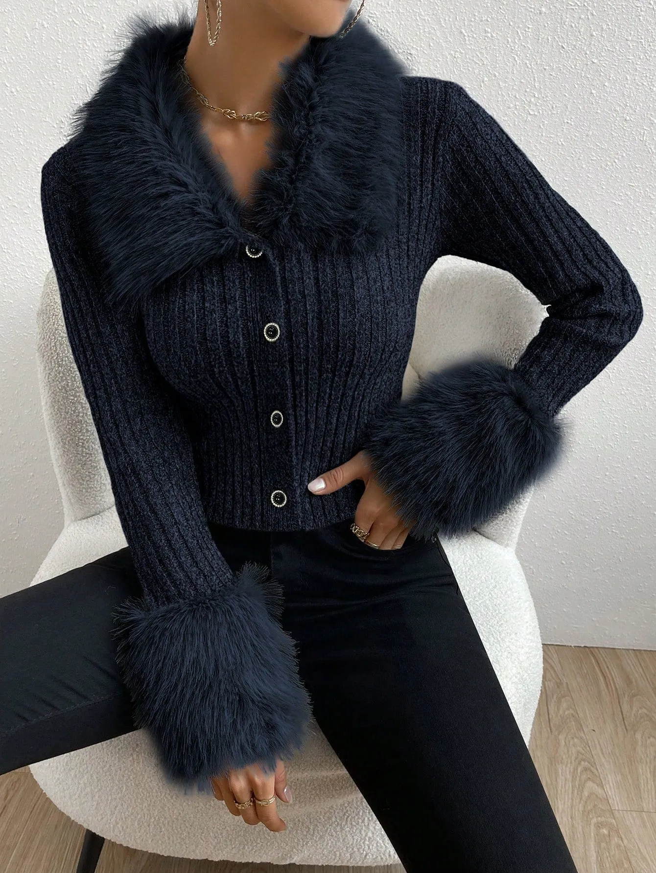 DEMZY Fuzzy Trim Front Button Cardigan