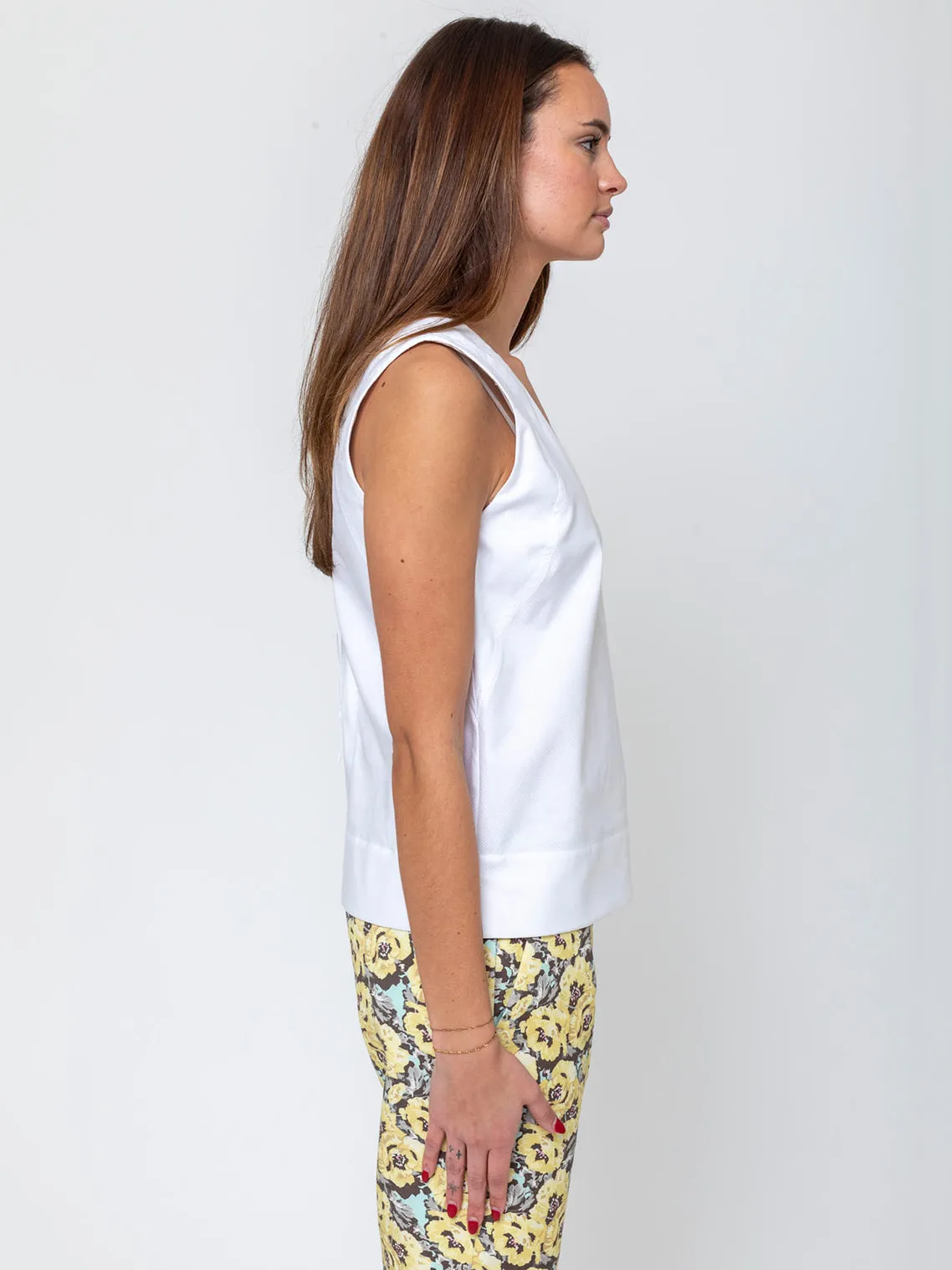 Double V-Neck Cotton Piqué Top - White