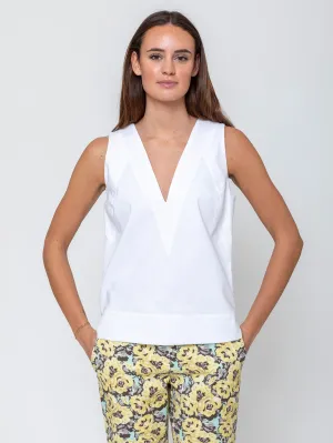 Double V-Neck Cotton Piqué Top - White
