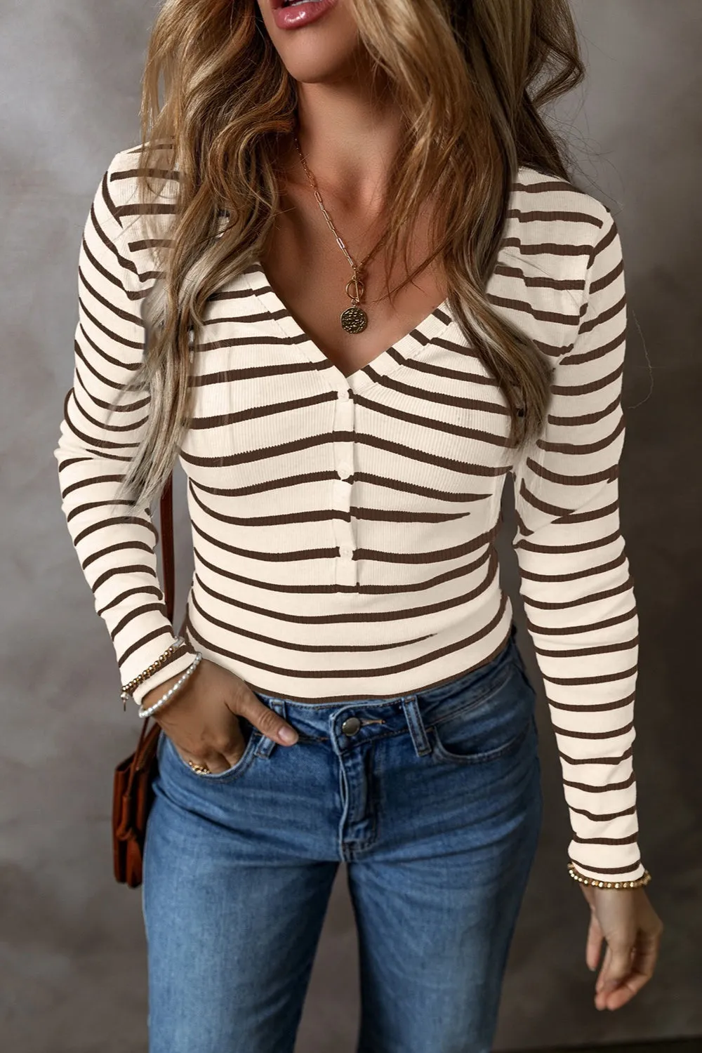 Dre Striped V-Neck Long Sleeve Top