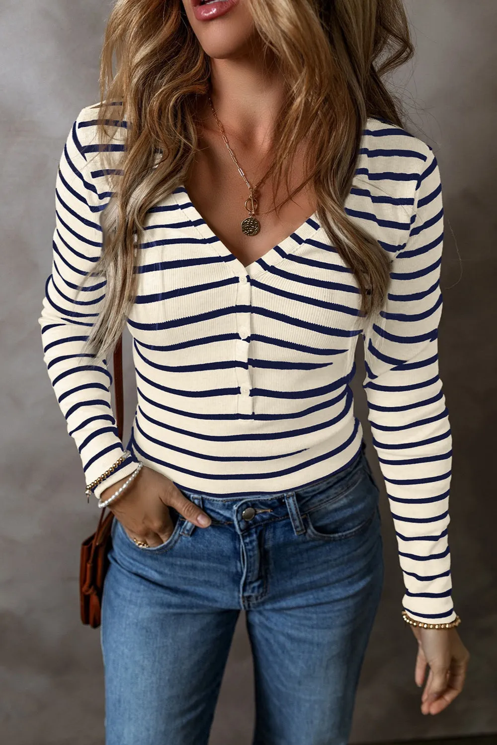 Dre Striped V-Neck Long Sleeve Top