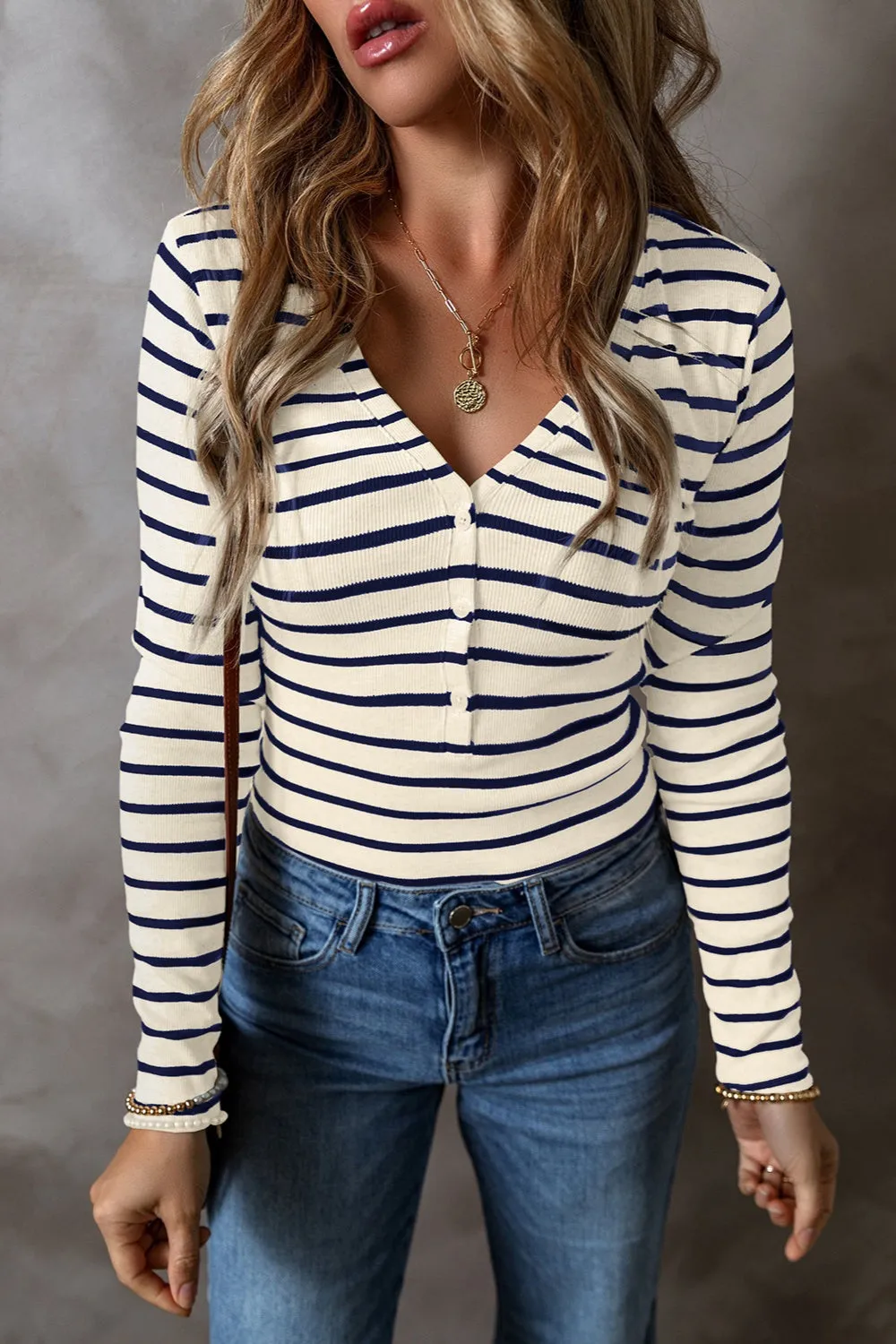 Dre Striped V-Neck Long Sleeve Top