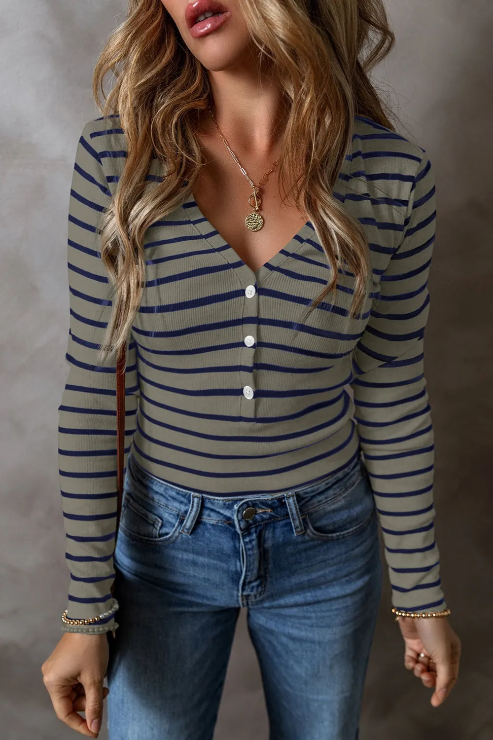Dre Striped V-Neck Long Sleeve Top