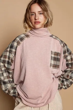 Dusty Pink Ribbed Cowl Neck with Plaid Sleeve