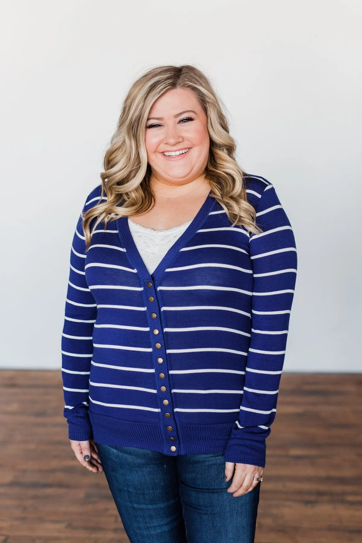 Everyday Striped Button Cardigan- Royal Blue & Ivory