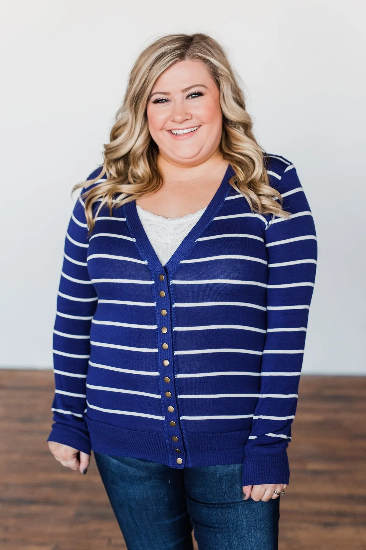 Everyday Striped Button Cardigan- Royal Blue & Ivory