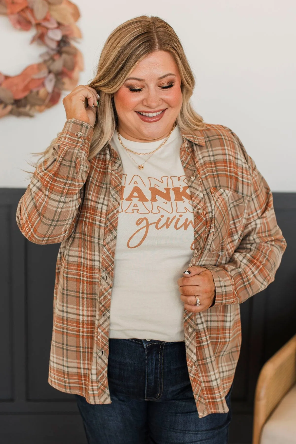Fall Into Happiness Plaid Button Top- Taupe