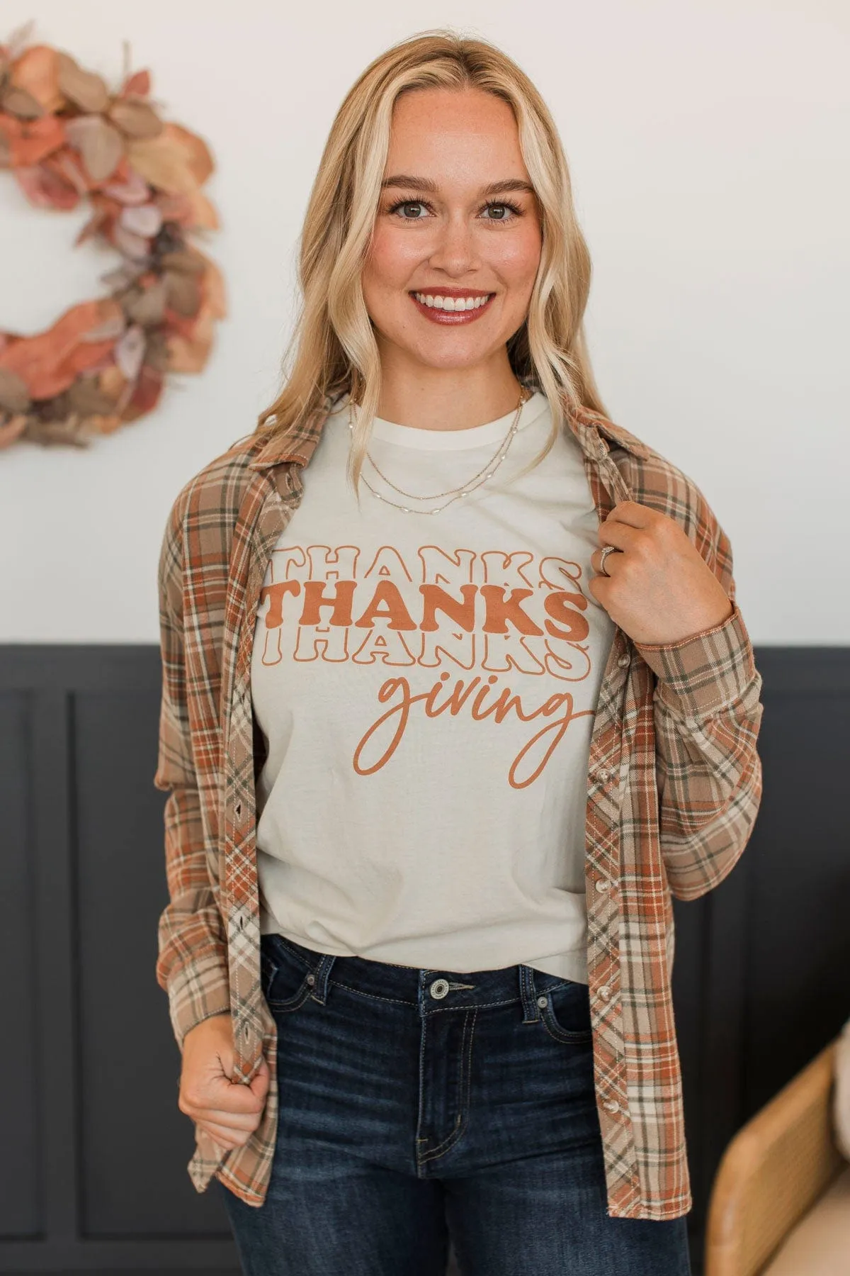 Fall Into Happiness Plaid Button Top- Taupe