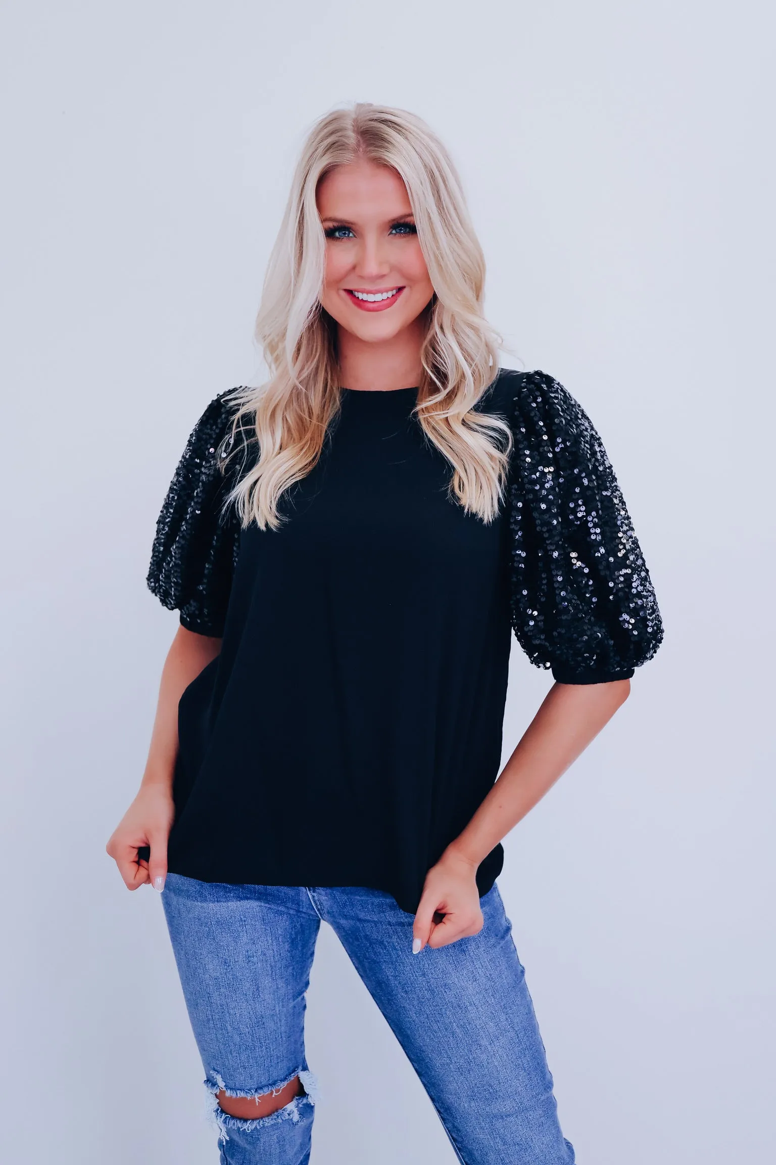 Fancy Affair Sequin Sleeve Top - Black