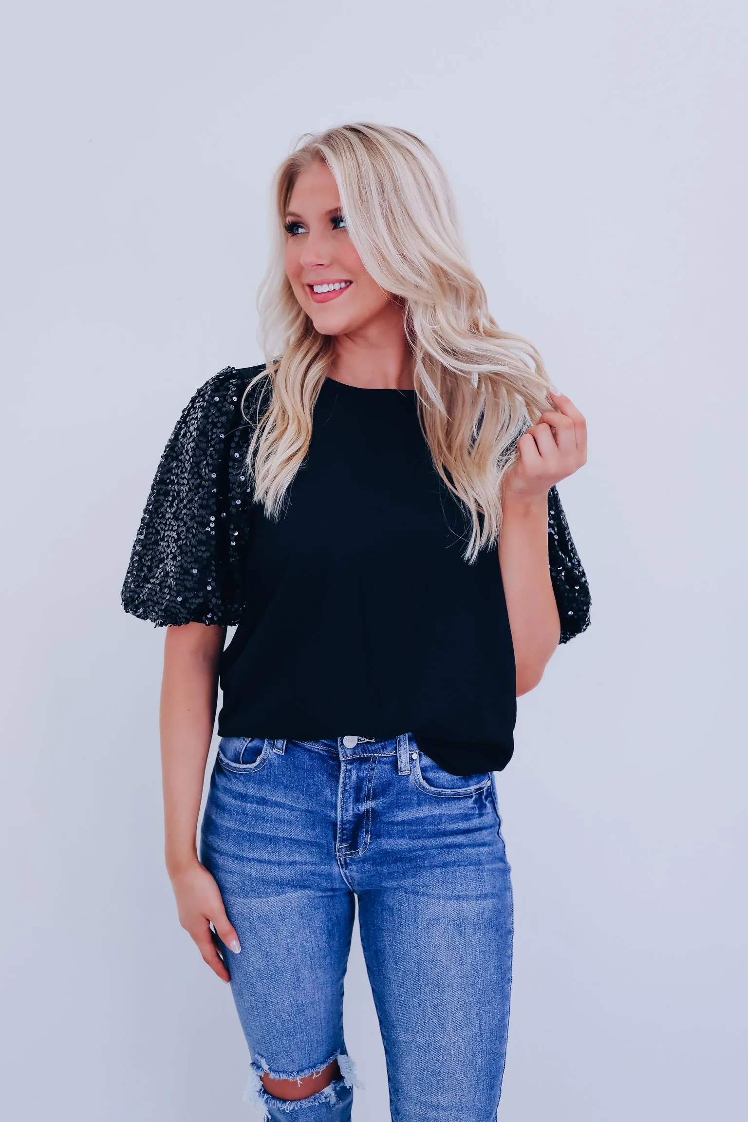 Fancy Affair Sequin Sleeve Top - Black
