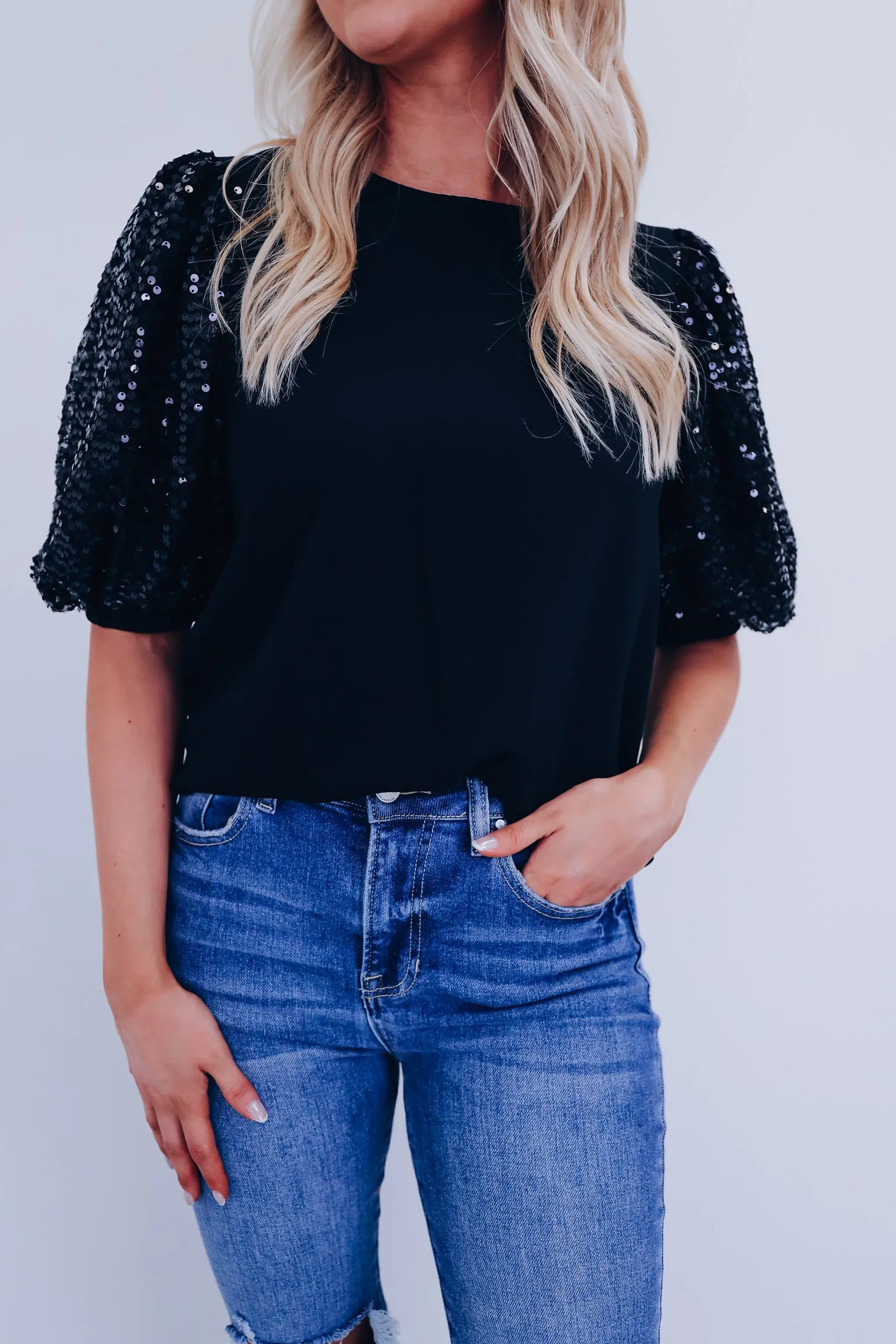 Fancy Affair Sequin Sleeve Top - Black