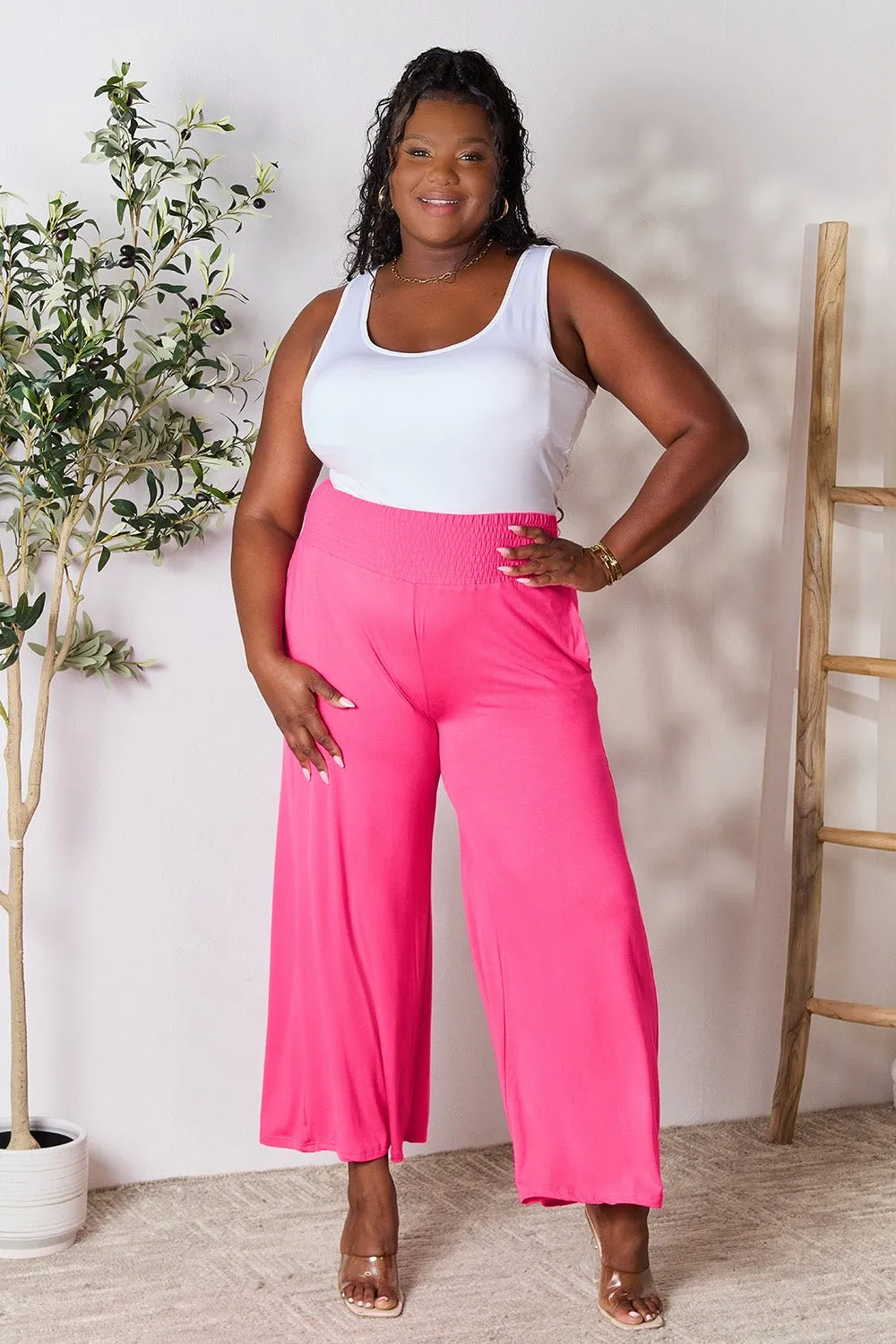 Feel Confident in Basic Bae Full Size Smocked Wide Waistband Wide Leg Pants