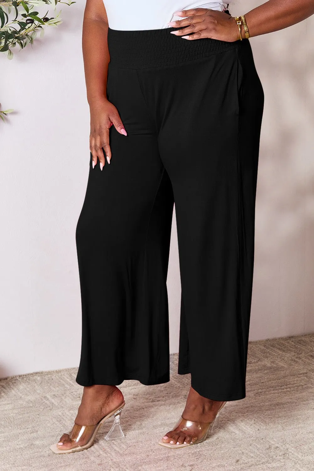 Feel Confident in Basic Bae Full Size Smocked Wide Waistband Wide Leg Pants