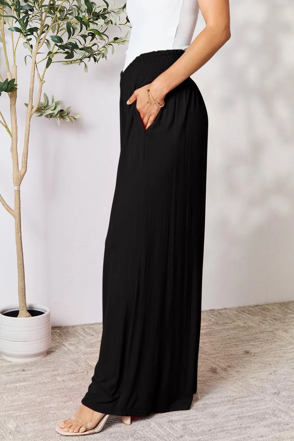 Feel Confident in Basic Bae Full Size Smocked Wide Waistband Wide Leg Pants