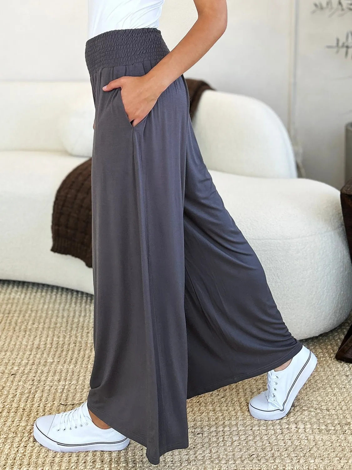 Feel Confident in Basic Bae Full Size Smocked Wide Waistband Wide Leg Pants