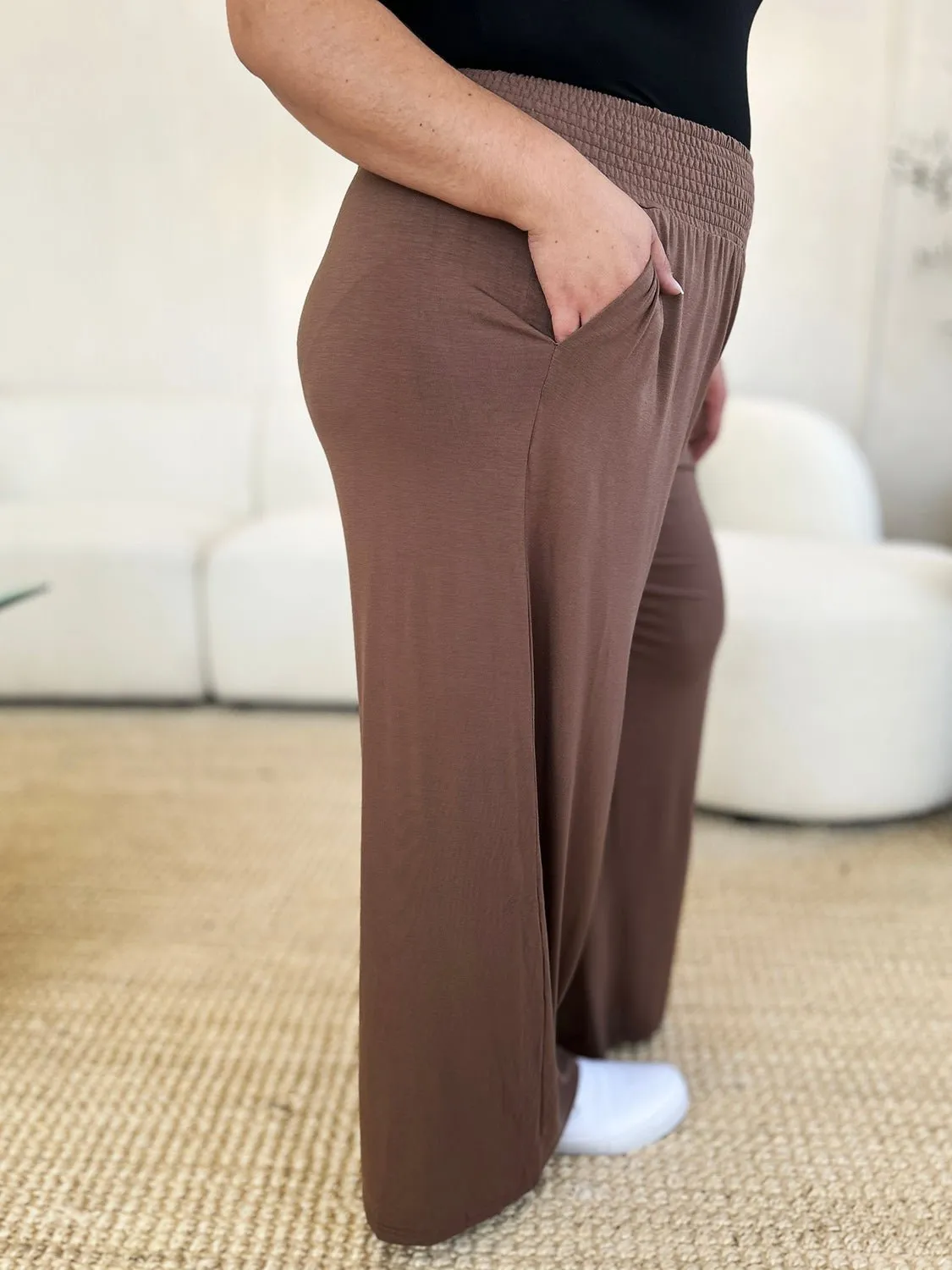 Feel Confident in Basic Bae Full Size Smocked Wide Waistband Wide Leg Pants