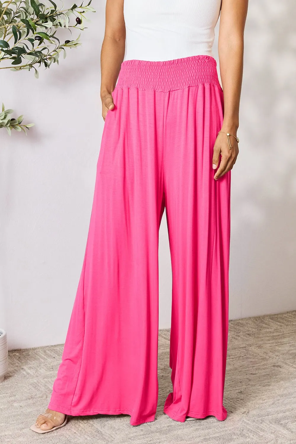 Feel Confident in Basic Bae Full Size Smocked Wide Waistband Wide Leg Pants