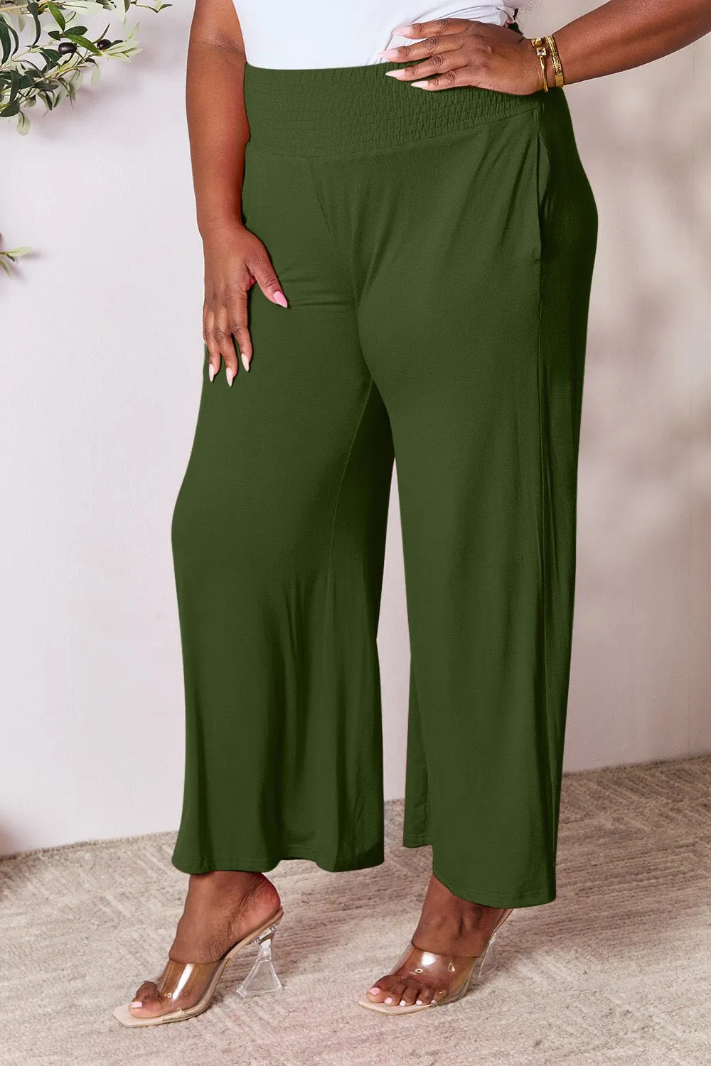 Feel Confident in Basic Bae Full Size Smocked Wide Waistband Wide Leg Pants