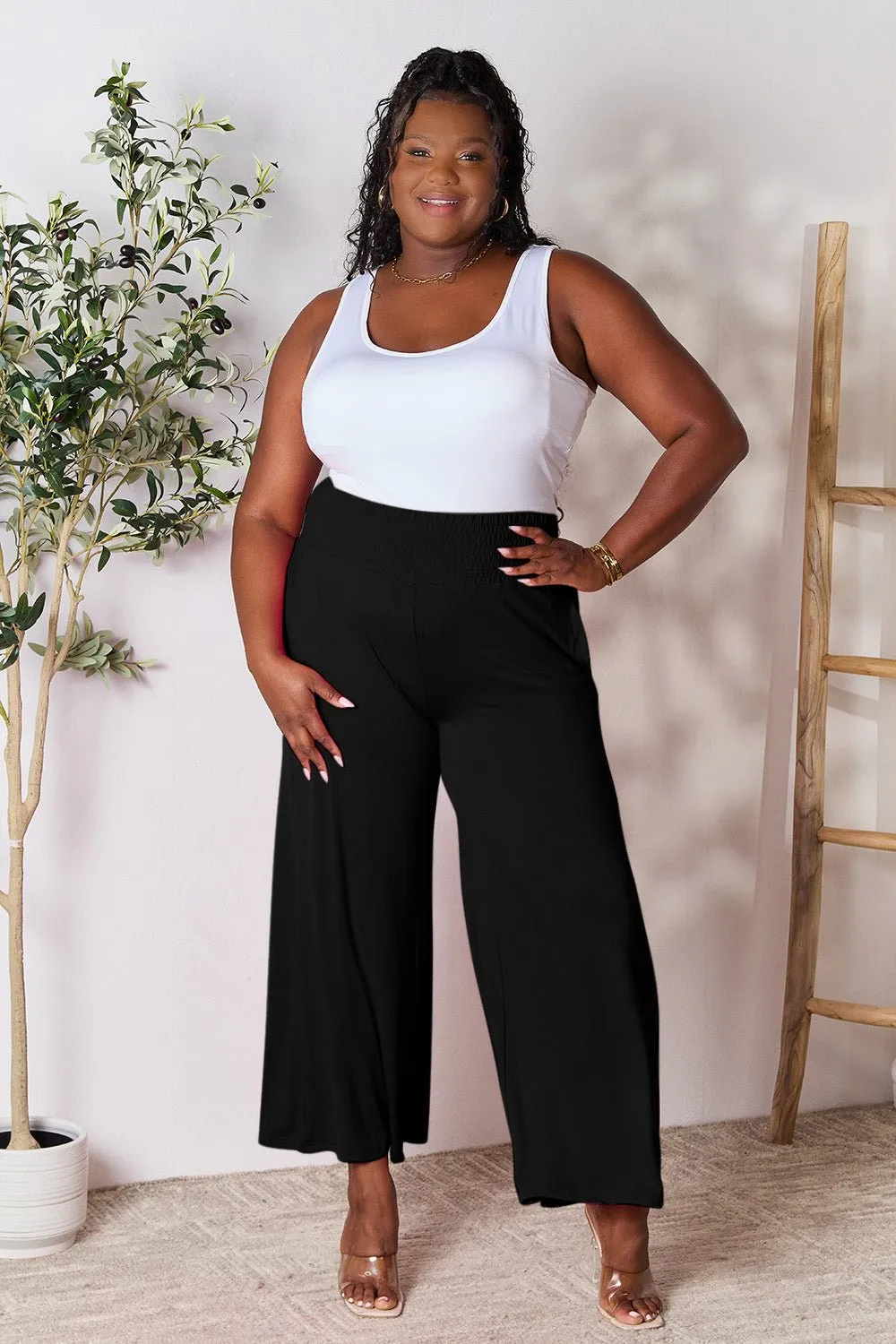 Feel Confident in Basic Bae Full Size Smocked Wide Waistband Wide Leg Pants