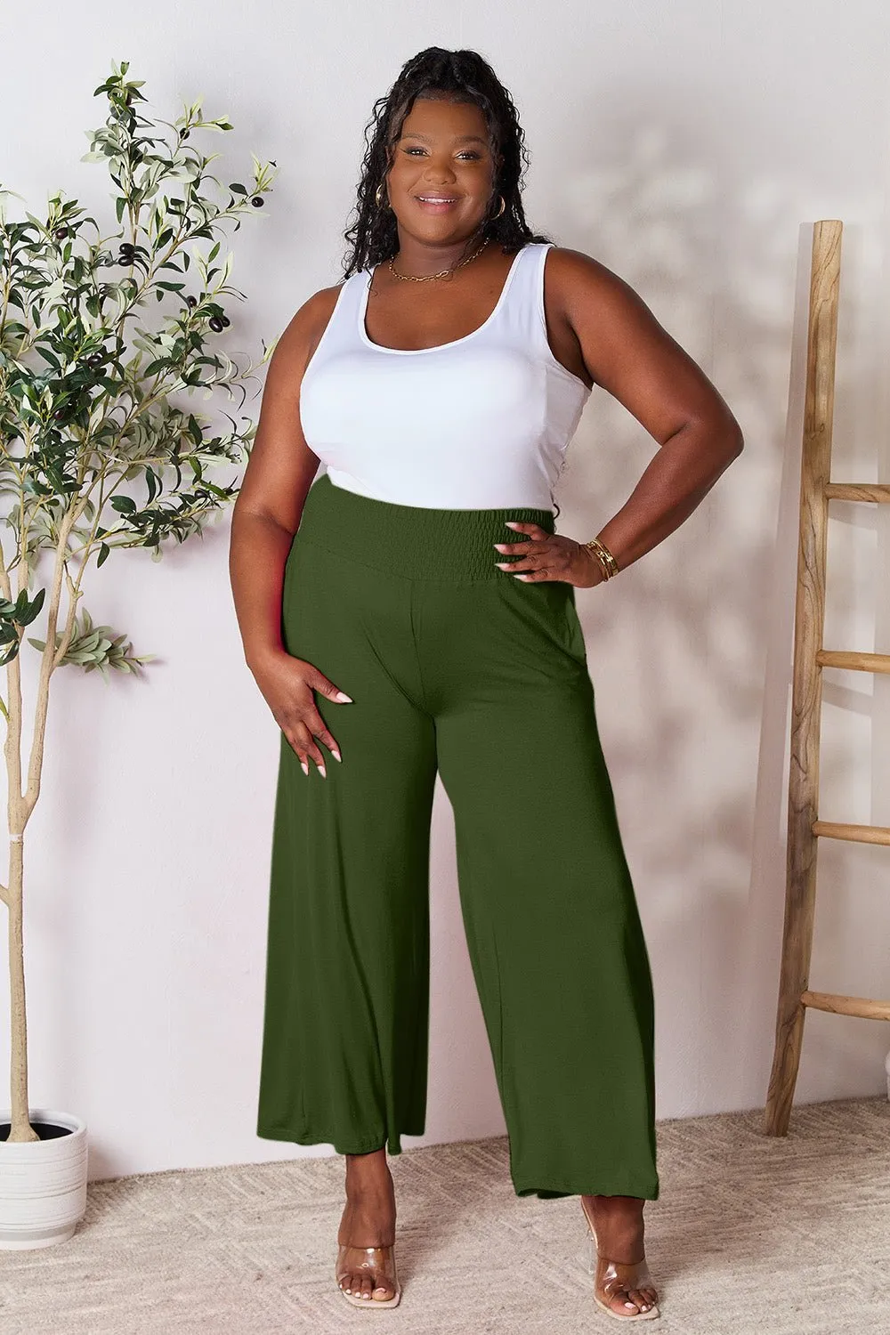 Feel Confident in Basic Bae Full Size Smocked Wide Waistband Wide Leg Pants