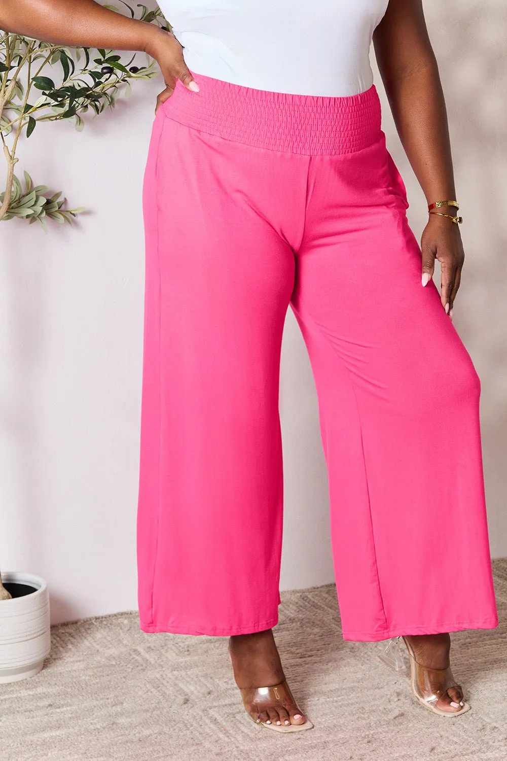 Feel Confident in Basic Bae Full Size Smocked Wide Waistband Wide Leg Pants