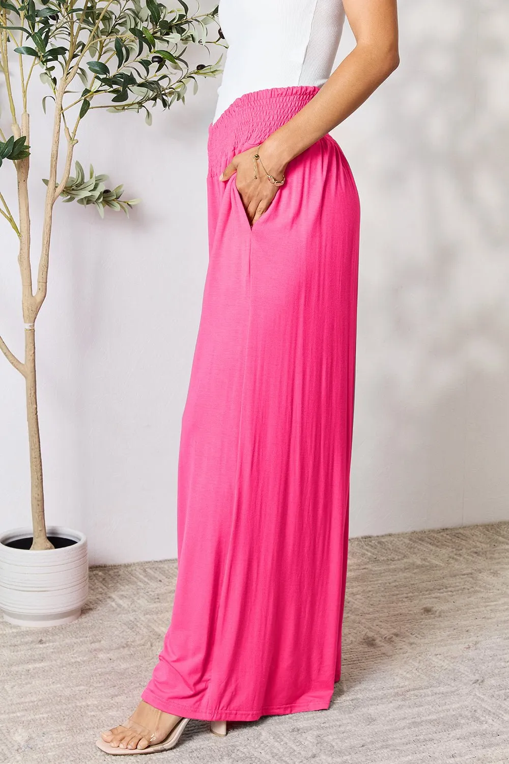 Feel Confident in Basic Bae Full Size Smocked Wide Waistband Wide Leg Pants