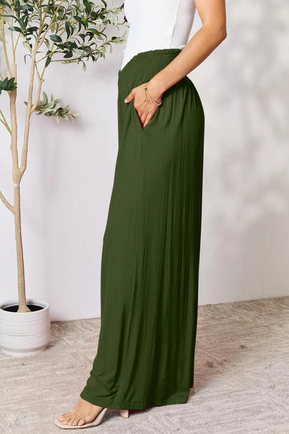 Feel Confident in Basic Bae Full Size Smocked Wide Waistband Wide Leg Pants