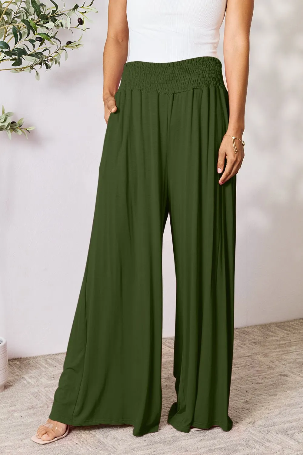 Feel Confident in Basic Bae Full Size Smocked Wide Waistband Wide Leg Pants