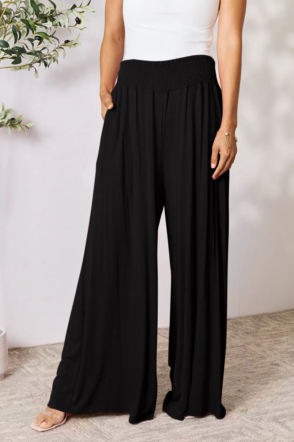 Feel Confident in Basic Bae Full Size Smocked Wide Waistband Wide Leg Pants