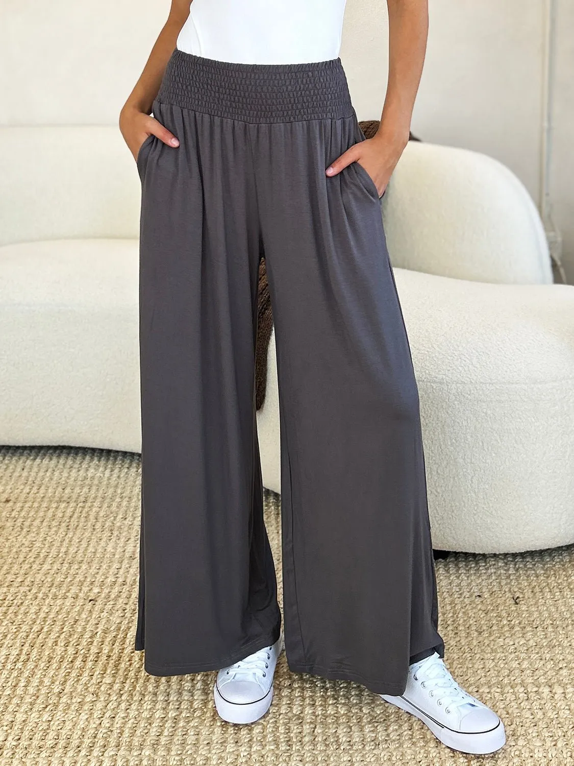 Feel Confident in Basic Bae Full Size Smocked Wide Waistband Wide Leg Pants