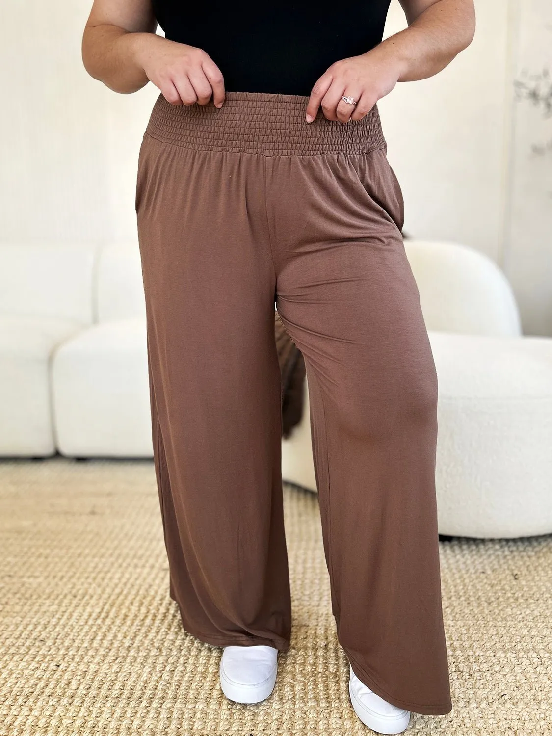 Feel Confident in Basic Bae Full Size Smocked Wide Waistband Wide Leg Pants