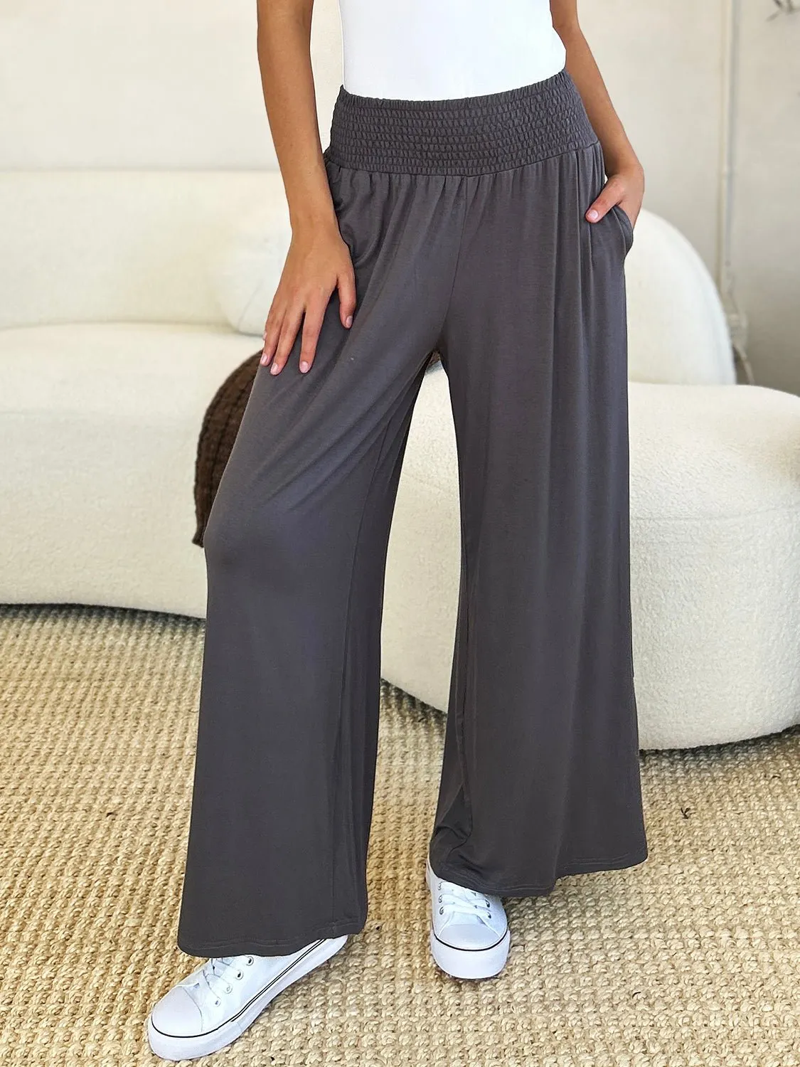 Feel Confident in Basic Bae Full Size Smocked Wide Waistband Wide Leg Pants