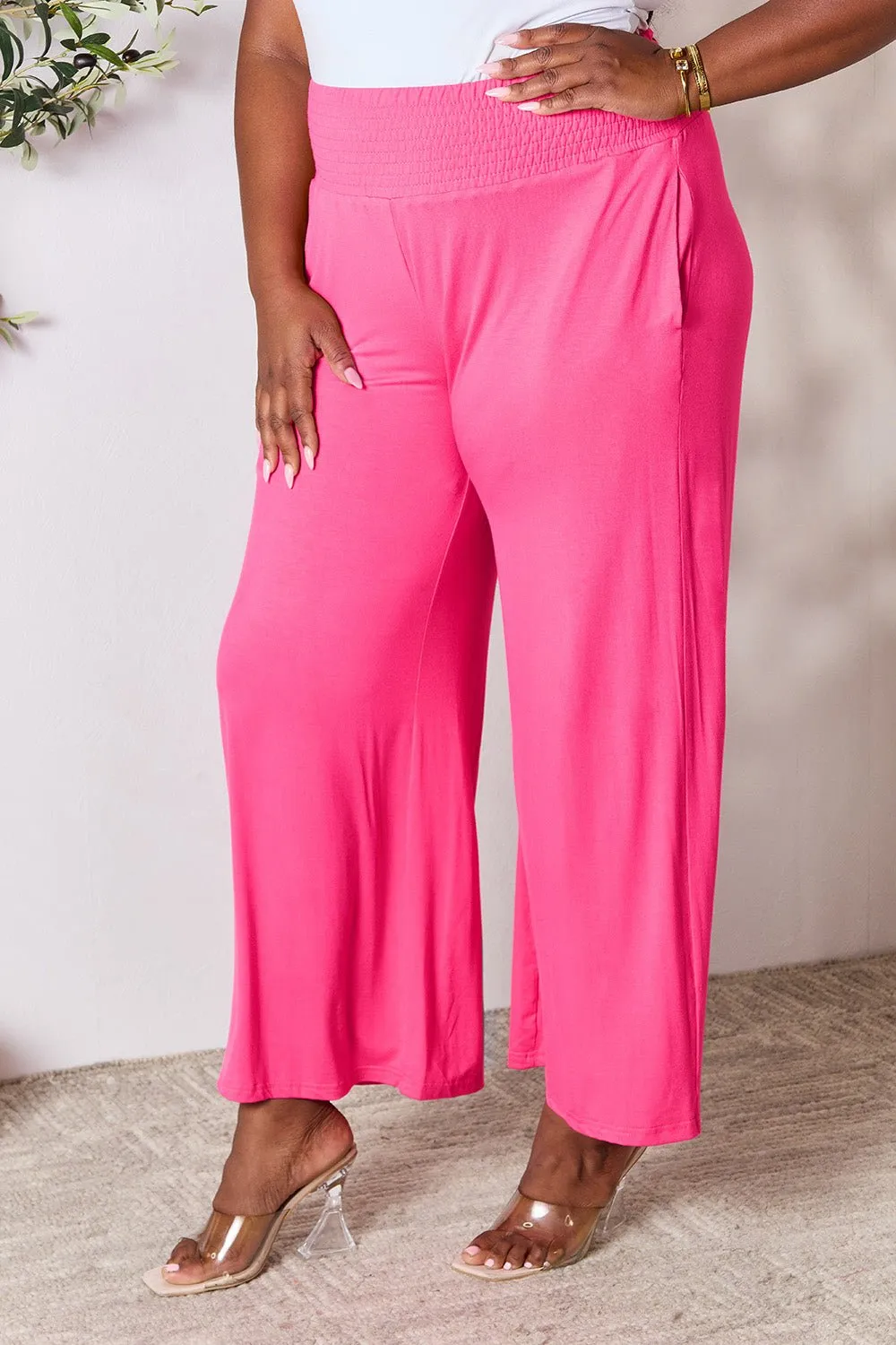 Feel Confident in Basic Bae Full Size Smocked Wide Waistband Wide Leg Pants