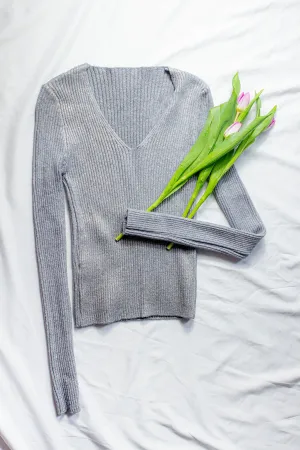 Fitted V Neck Ribbed Knit Top
