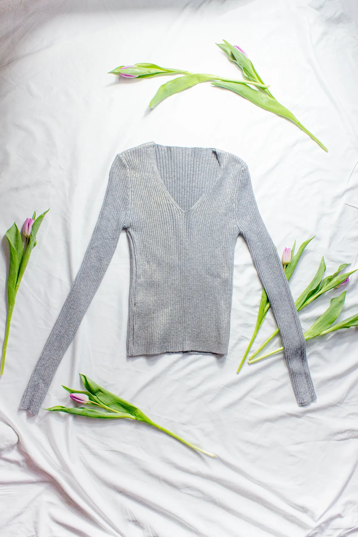 Fitted V Neck Ribbed Knit Top