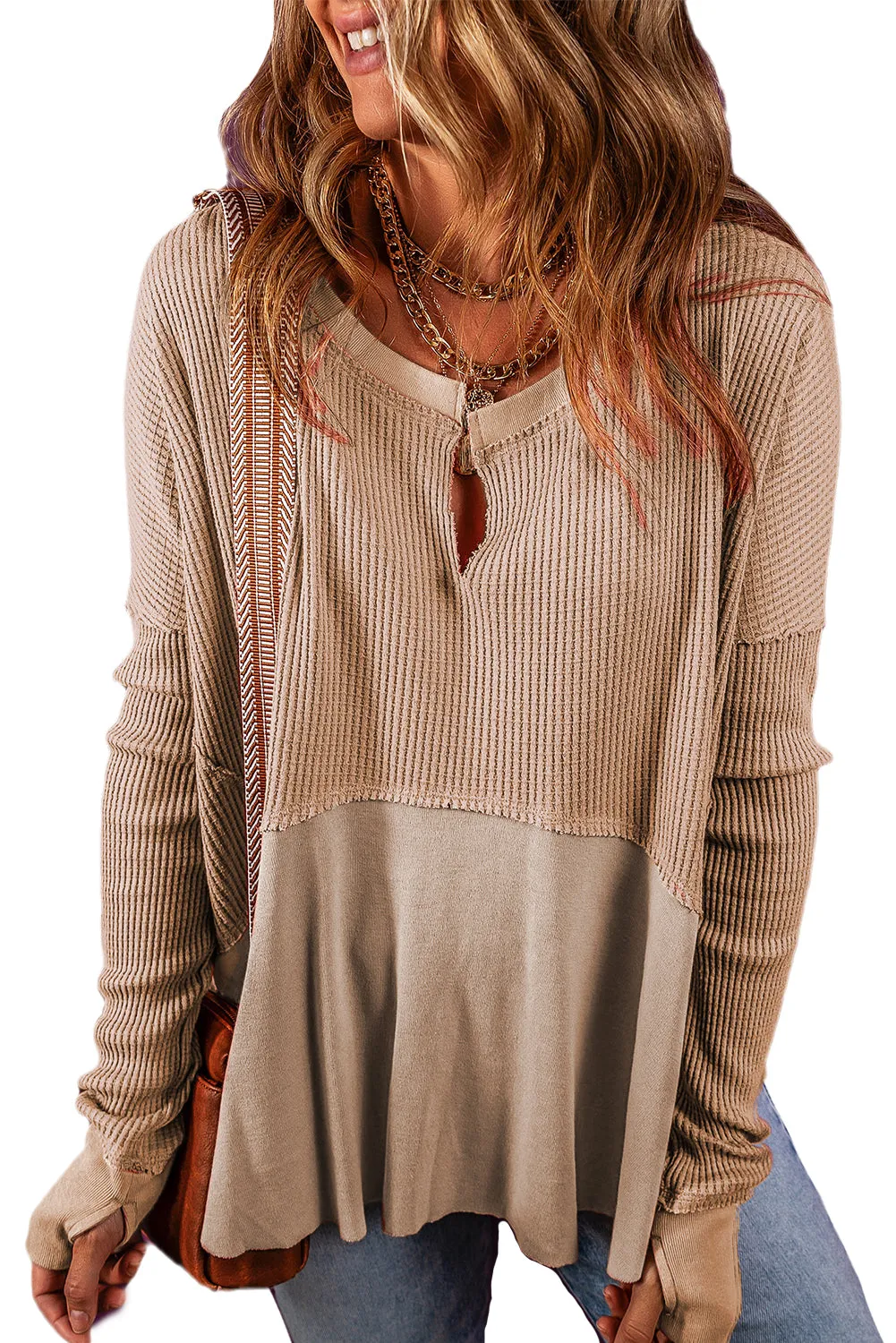 Flaxen Exposed Seam Slit Neck Waffle Knit Patchwork Top