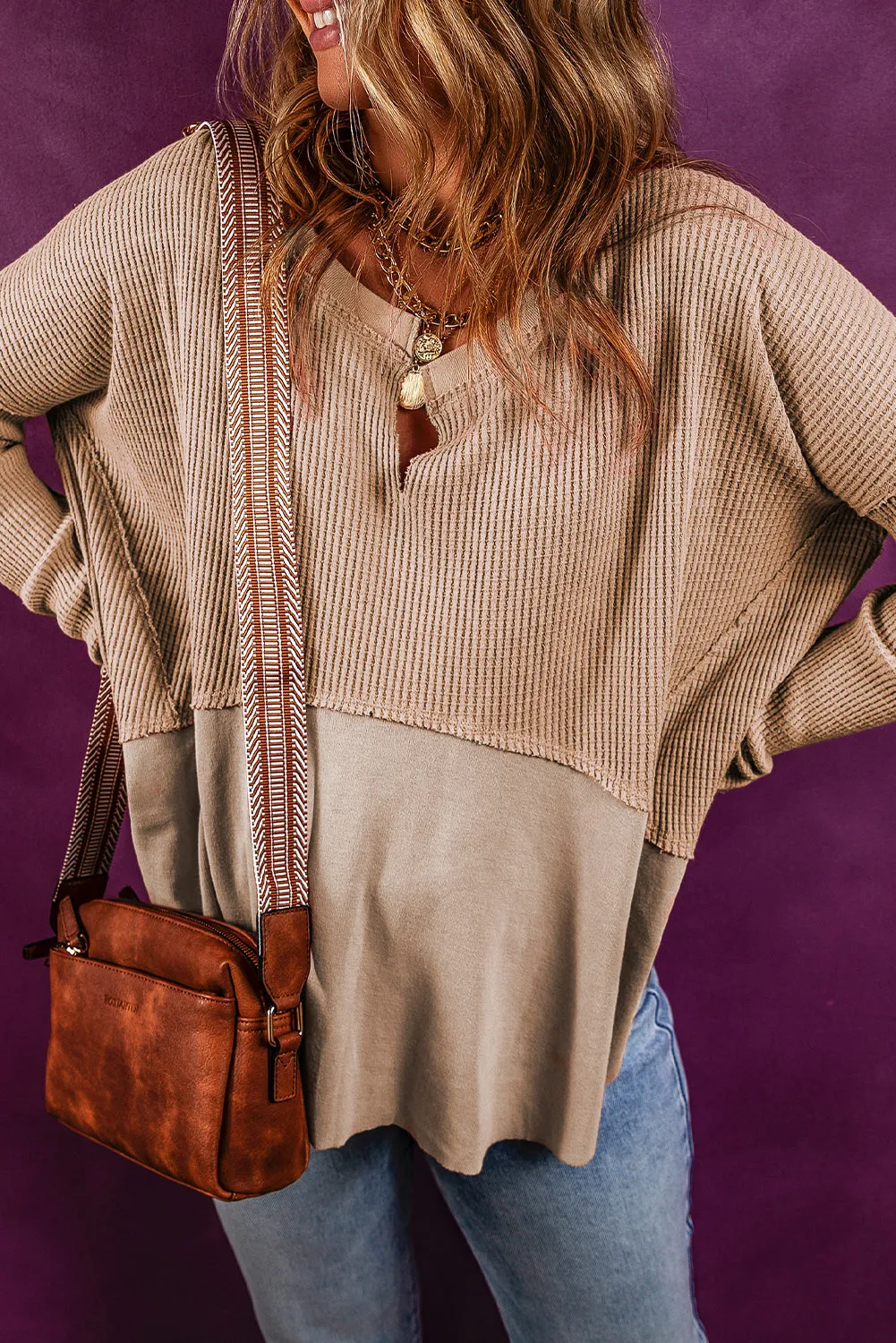 Flaxen Exposed Seam Slit Neck Waffle Knit Patchwork Top