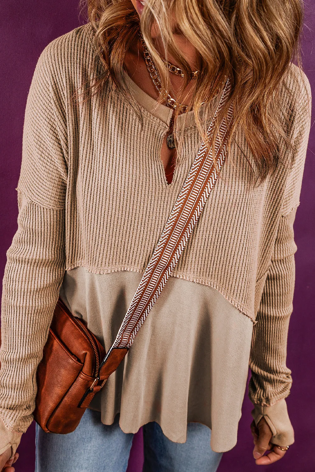 Flaxen Exposed Seam Slit Neck Waffle Knit Patchwork Top