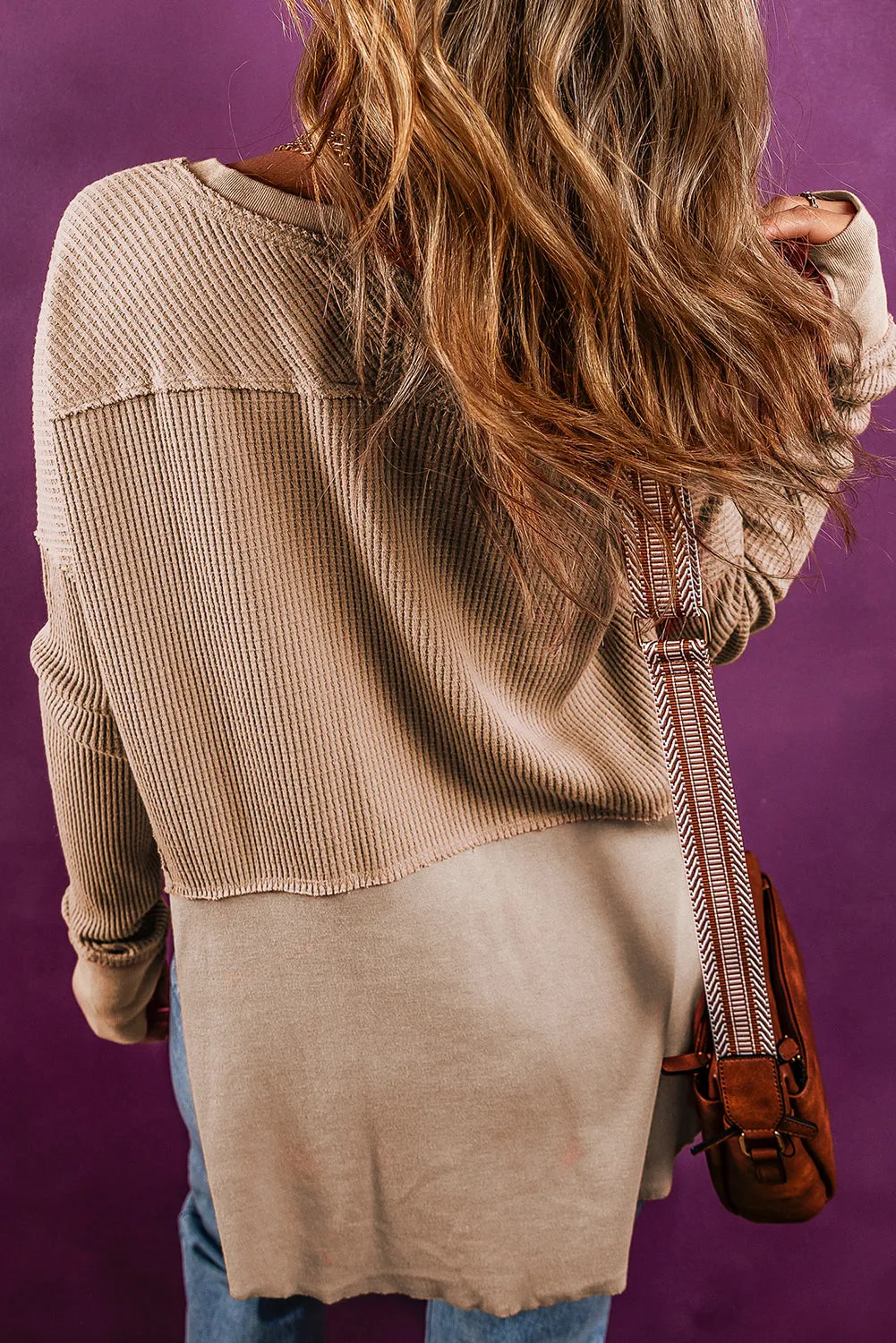 Flaxen Exposed Seam Slit Neck Waffle Knit Patchwork Top